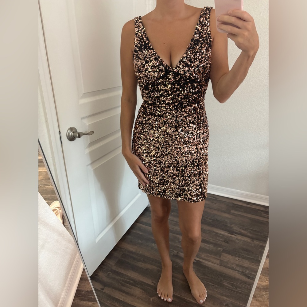 B Darlin Black and Gold Sequin Mini Dress